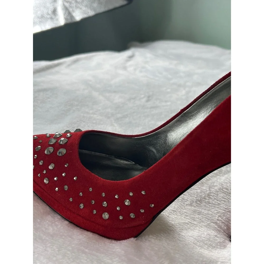 J. Renee Starlet Red Suede Studded Pumps Heels‎ Size 9M Silver Studs Platform